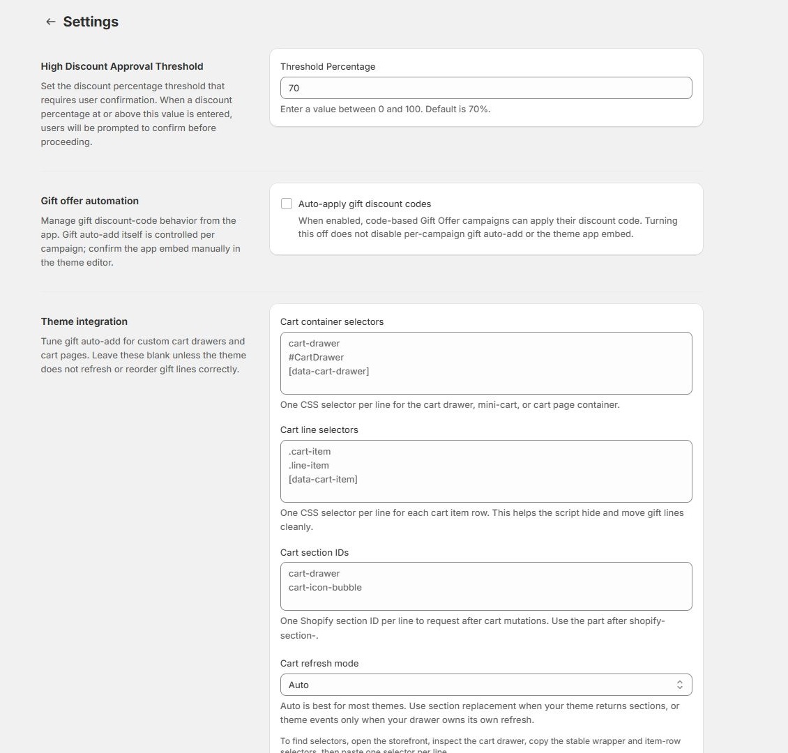 Settings page with discount safety, gift automation, theme integration, and language sections